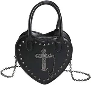 Cute Black Gothic Purse Crossbody Heart Shaped Handbag for Women New Goth Bag Studded