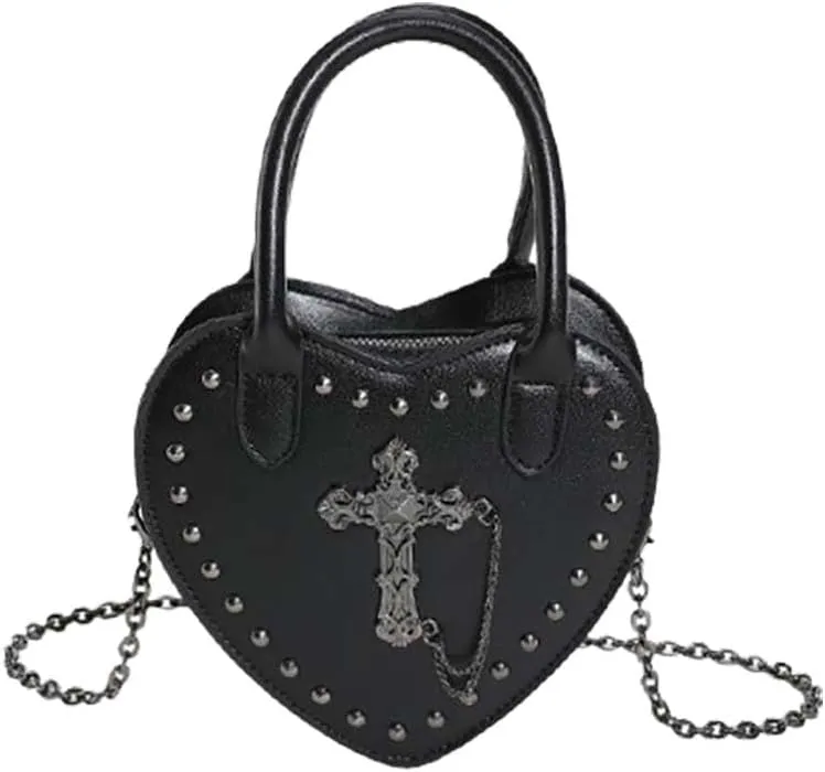 Cute Black Gothic Purse Crossbody Heart Shaped Handbag for Women New Goth Bag Studded