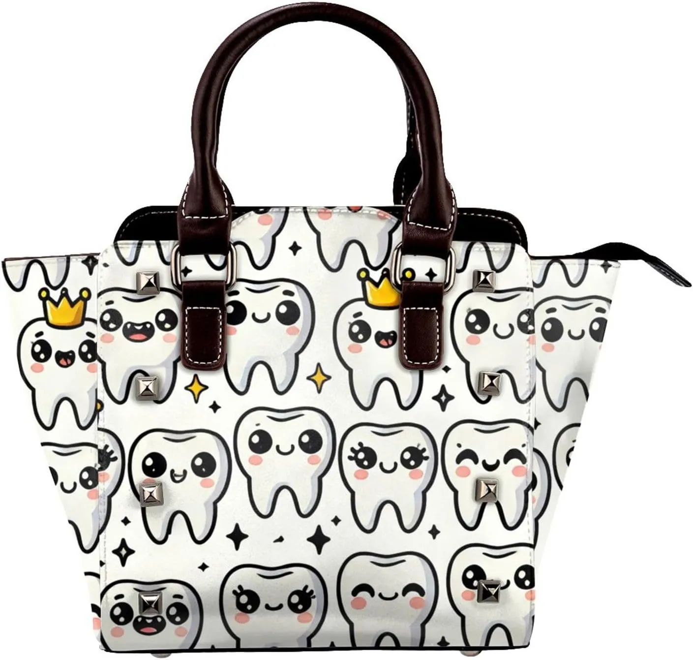 Cute-Dentist-Crowned-Teeth Pu Leather Crossbody Studded Bag, Fashionable Shoulder Handbag With Detachable Shoulder Strap