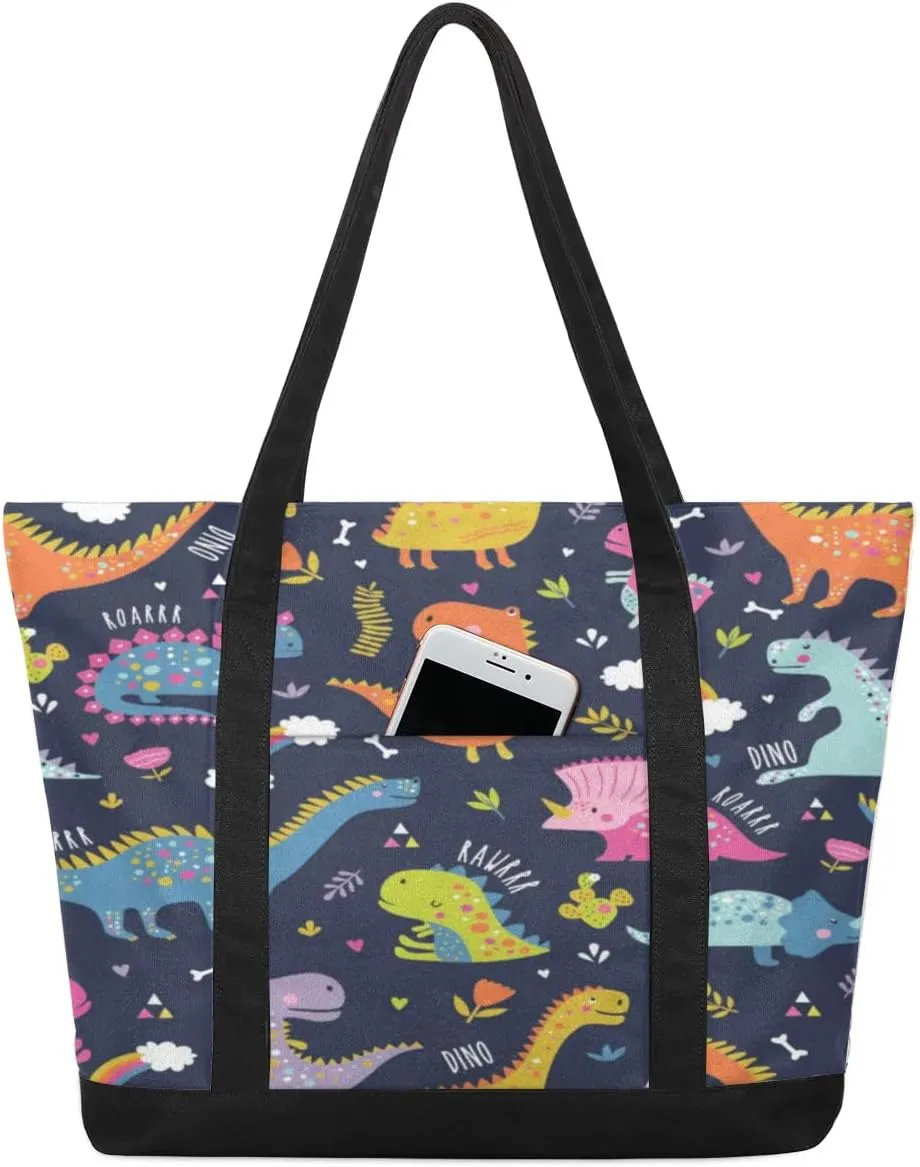 Cute Dinosaurs Tote Bag for Women Work Canvas Travel Tote Bags with Zipper Large Capacity Casual Handbag with Inner Pockets Reusable Shopping Shoulder Bag for Teacher Nurse