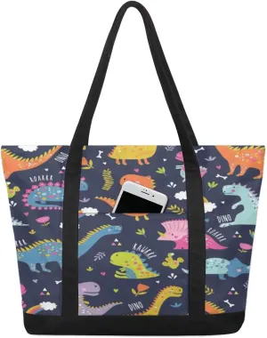 Cute Dinosaurs Tote Bag for Women Work Canvas Travel Tote Bags with Zipper Large Capacity Casual Handbag with Inner Pockets Reusable Shopping Shoulder Bag for Teacher Nurse