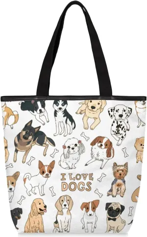 Cute Dog Animals Canvas Tote Bag, Eco Friendly Reusable Grocery Shopping Bags Beach Bag Book Tote Handbags Washable Shoulder Bag With Zipper Inner Pocket for Women Girls