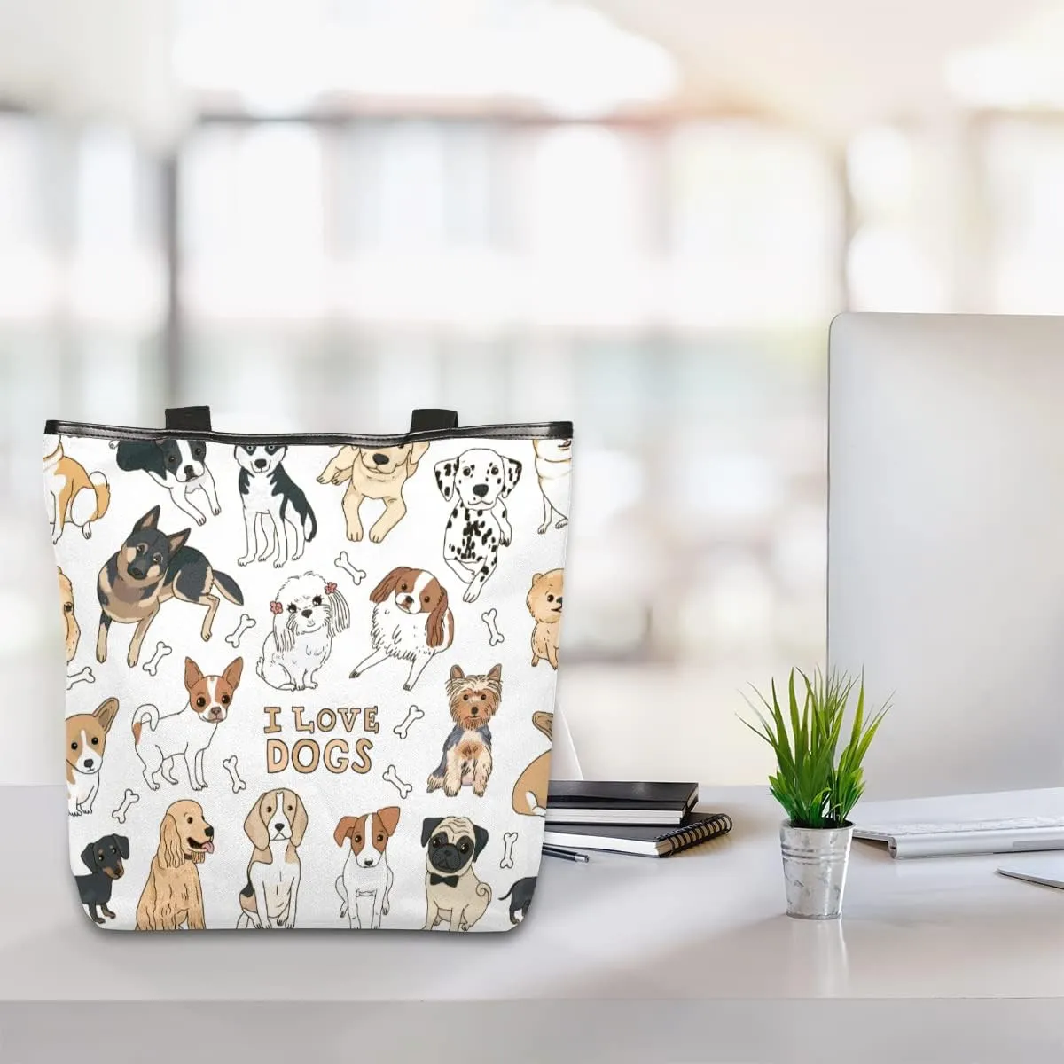 Cute Dog Animals Canvas Tote Bag, Eco Friendly Reusable Grocery Shopping Bags Beach Bag Book Tote Handbags Washable Shoulder Bag With Zipper Inner Pocket for Women Girls
