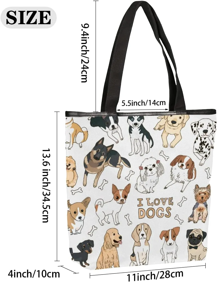 Cute Dog Animals Canvas Tote Bag, Eco Friendly Reusable Grocery Shopping Bags Beach Bag Book Tote Handbags Washable Shoulder Bag With Zipper Inner Pocket for Women Girls