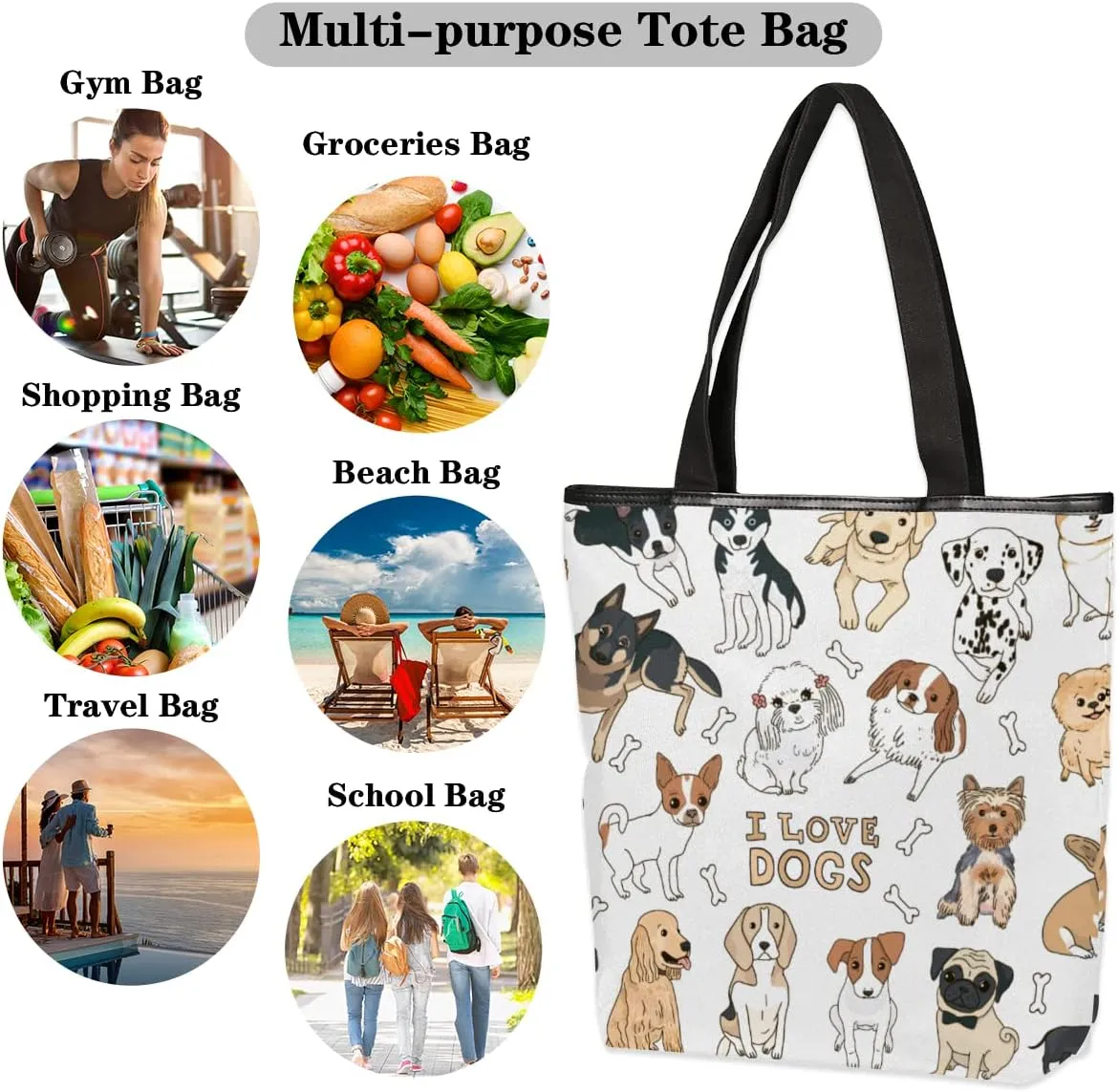 Cute Dog Animals Canvas Tote Bag, Eco Friendly Reusable Grocery Shopping Bags Beach Bag Book Tote Handbags Washable Shoulder Bag With Zipper Inner Pocket for Women Girls