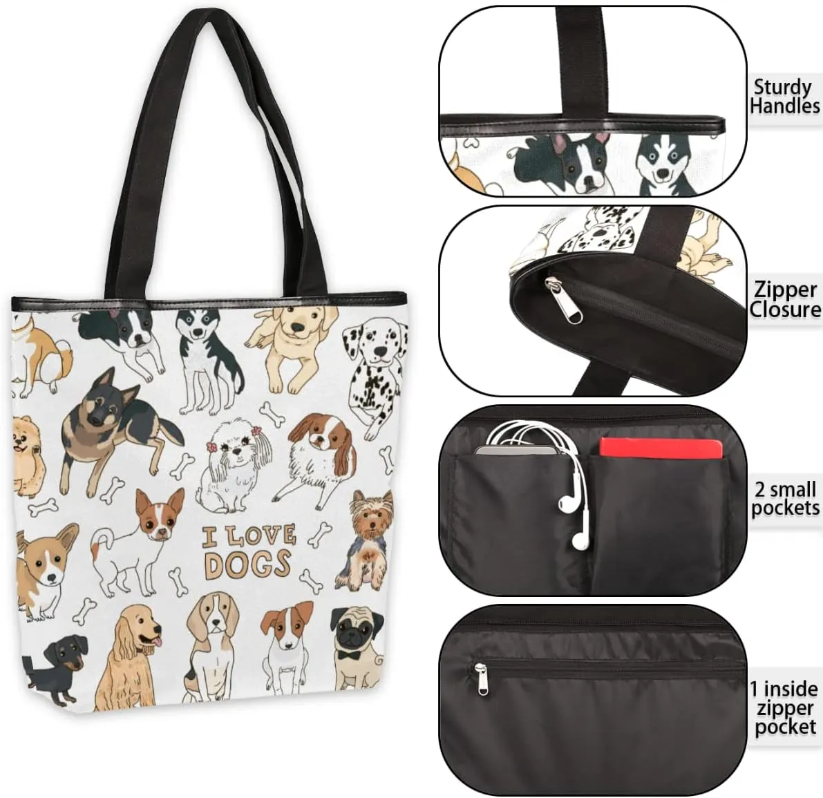 Cute Dog Animals Canvas Tote Bag, Eco Friendly Reusable Grocery Shopping Bags Beach Bag Book Tote Handbags Washable Shoulder Bag With Zipper Inner Pocket for Women Girls