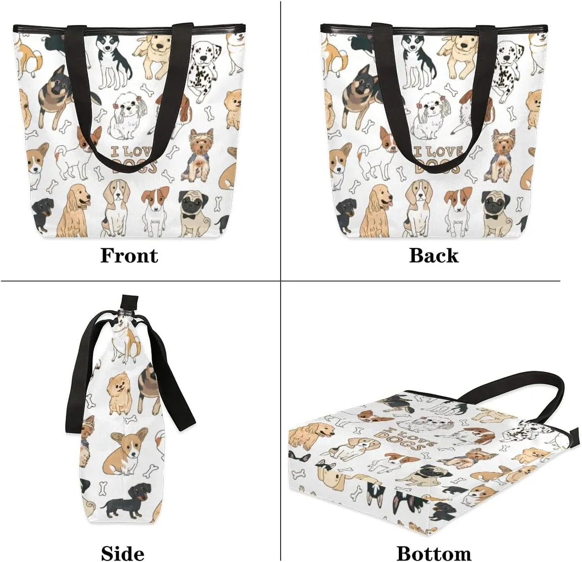 Cute Dog Animals Canvas Tote Bag, Eco Friendly Reusable Grocery Shopping Bags Beach Bag Book Tote Handbags Washable Shoulder Bag With Zipper Inner Pocket for Women Girls