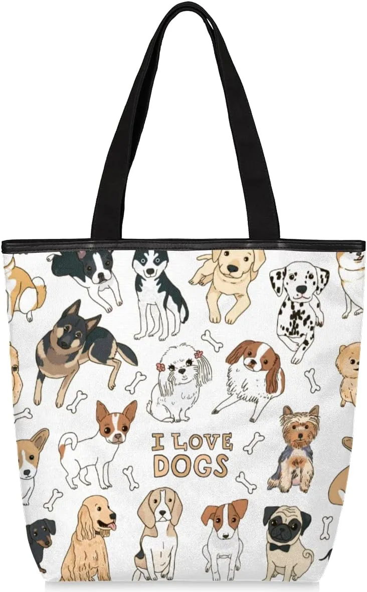 Cute Dog Animals Canvas Tote Bag, Eco Friendly Reusable Grocery Shopping Bags Beach Bag Book Tote Handbags Washable Shoulder Bag With Zipper Inner Pocket for Women Girls