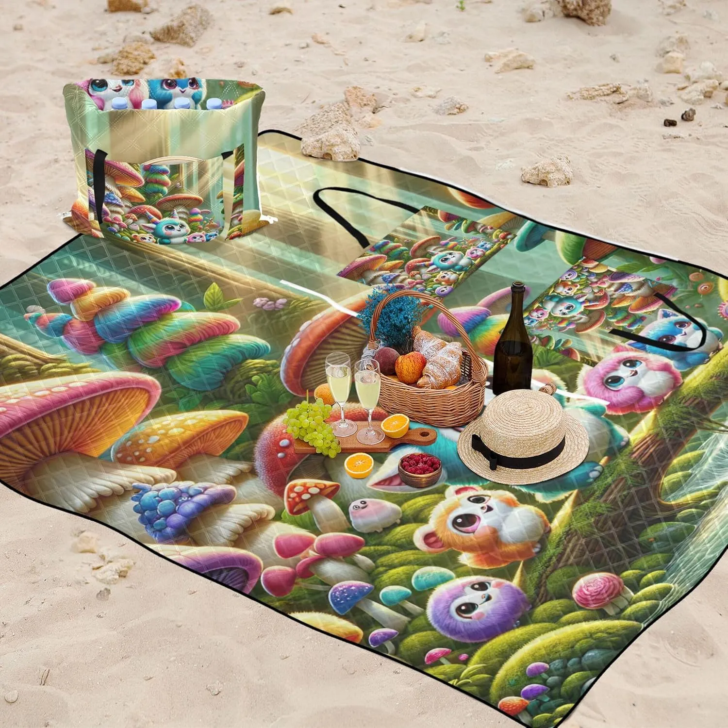 Cute Monsters Mushroom Waterproof Beach Blanket Sandproof Cute Picnic Blankets Foldable Packable Camping Blanket 80" x 60"