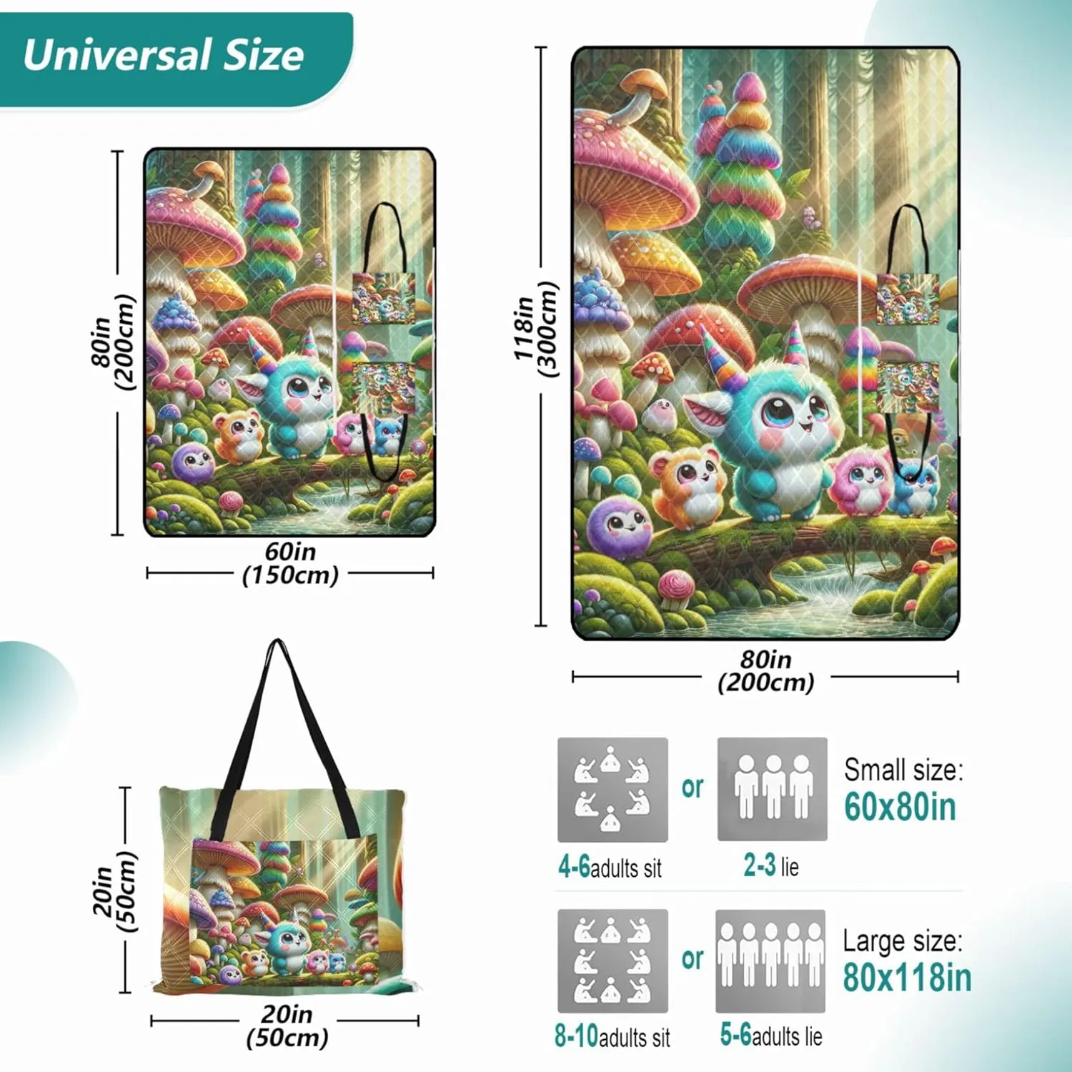 Cute Monsters Mushroom Waterproof Beach Blanket Sandproof Cute Picnic Blankets Foldable Packable Camping Blanket 80" x 60"