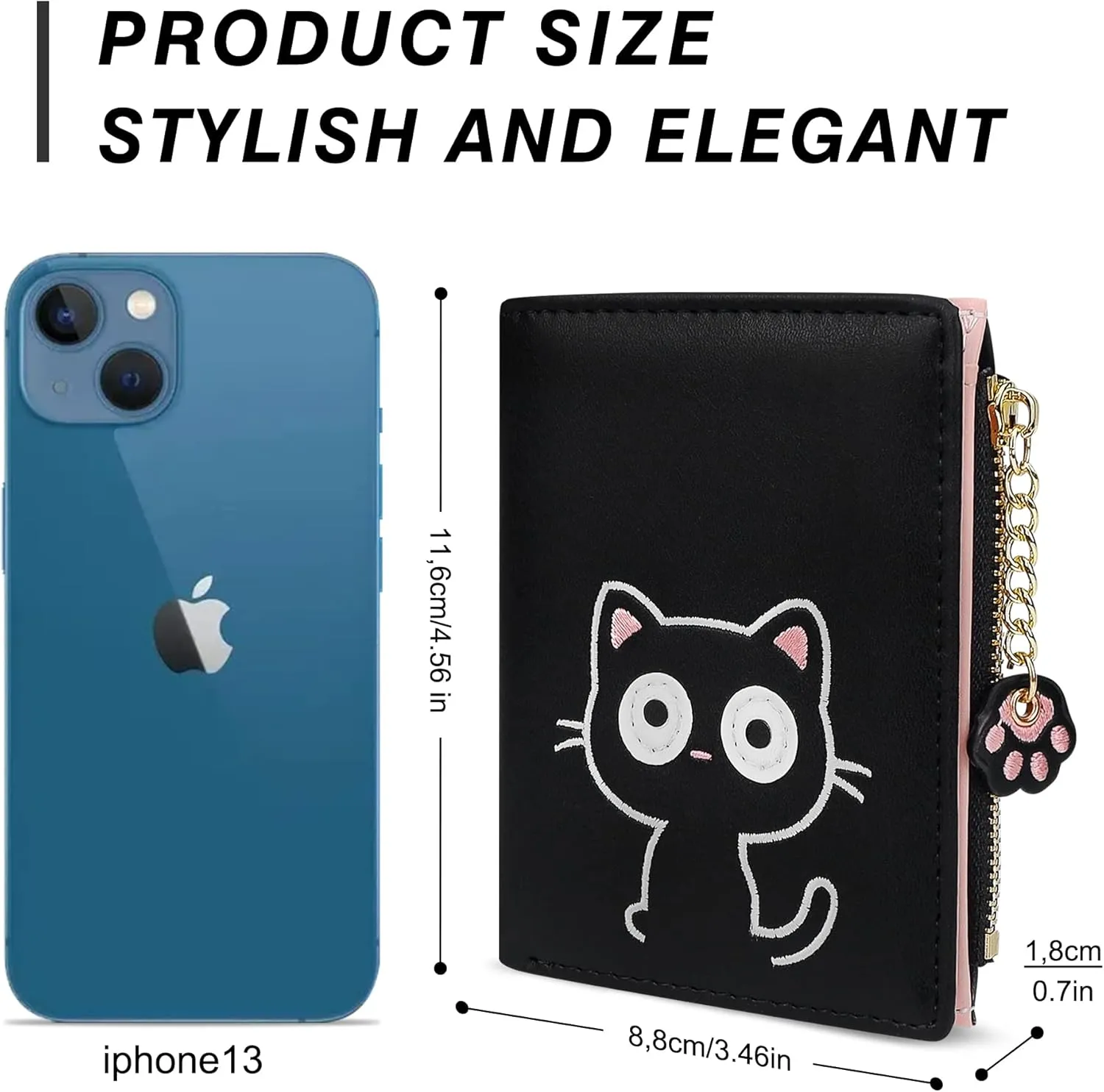 Cute Wallets for Women, Bifold RFID Blocking Small Womens Wallet with Zipper Coin Pocket (Black Embroidered Cat)