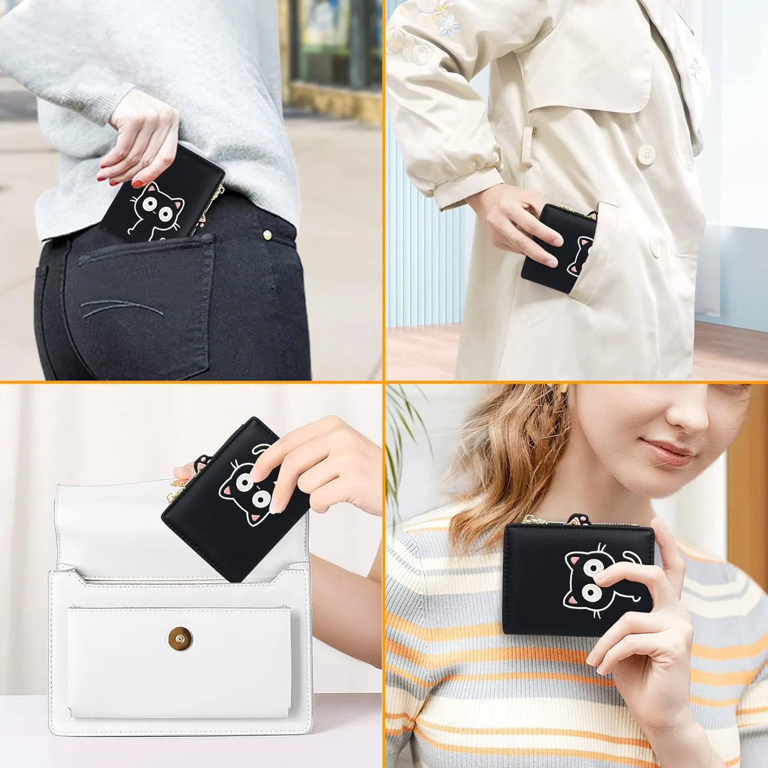 Cute Wallets for Women, Bifold RFID Blocking Small Womens Wallet with Zipper Coin Pocket (Black Embroidered Cat)