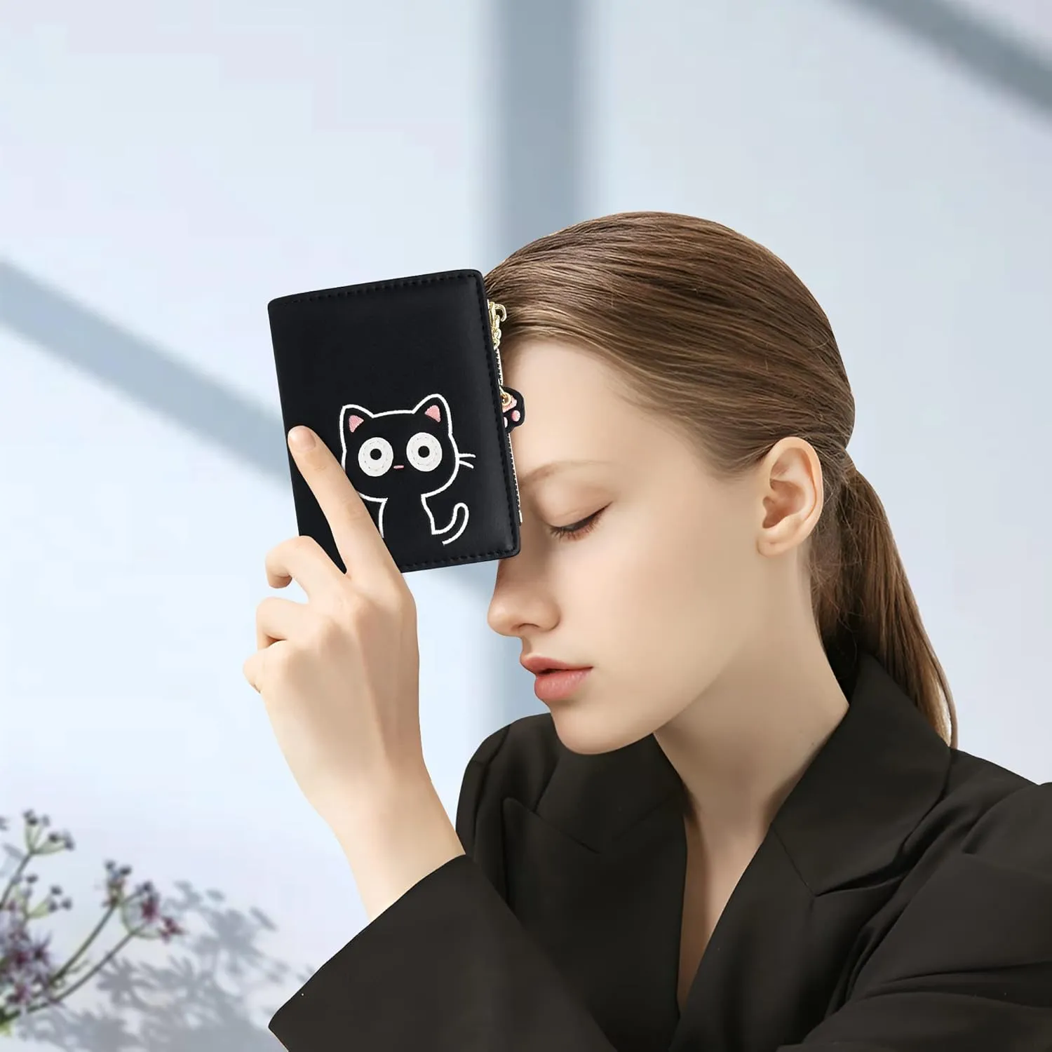 Cute Wallets for Women, Bifold RFID Blocking Small Womens Wallet with Zipper Coin Pocket (Black Embroidered Cat)