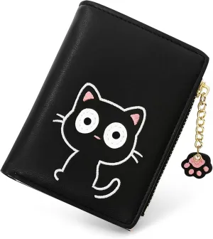 Cute Wallets for Women, Bifold RFID Blocking Small Womens Wallet with Zipper Coin Pocket (Black Embroidered Cat)