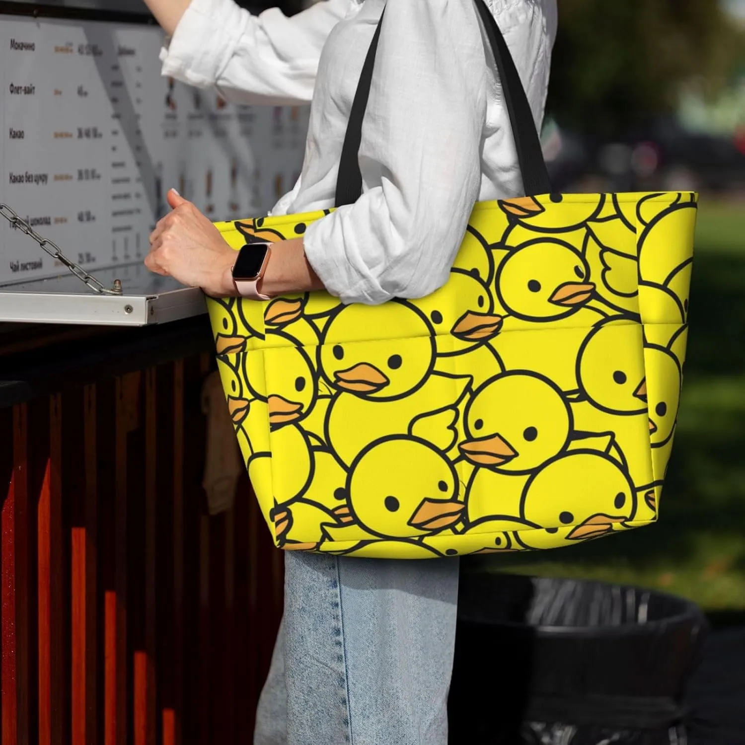 Cute Yellow Ducks Beach Tote Pool Bags for Women-Cute Large Gym Grocery Tote Travel Towel Bag,7 Pockets, Zipper
