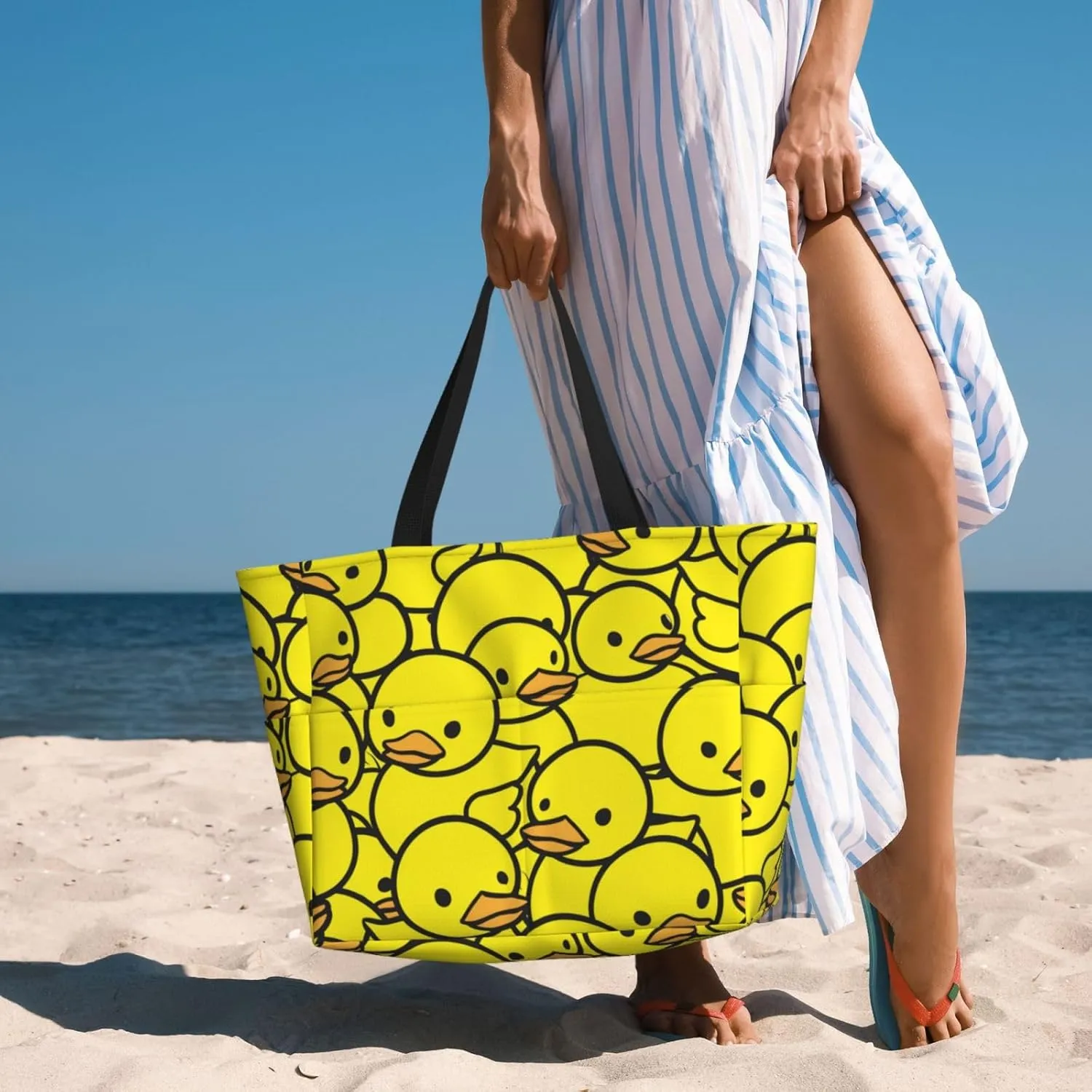 Cute Yellow Ducks Beach Tote Pool Bags for Women-Cute Large Gym Grocery Tote Travel Towel Bag,7 Pockets, Zipper
