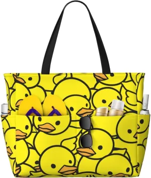 Cute Yellow Ducks Beach Tote Pool Bags for Women-Cute Large Gym Grocery Tote Travel Towel Bag,7 Pockets, Zipper