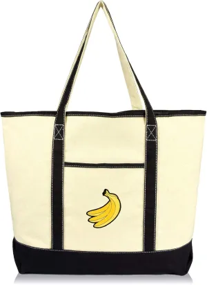 DALIX Banana Tote Bag Reusable Grocery Natural Canvas Fruits in Black