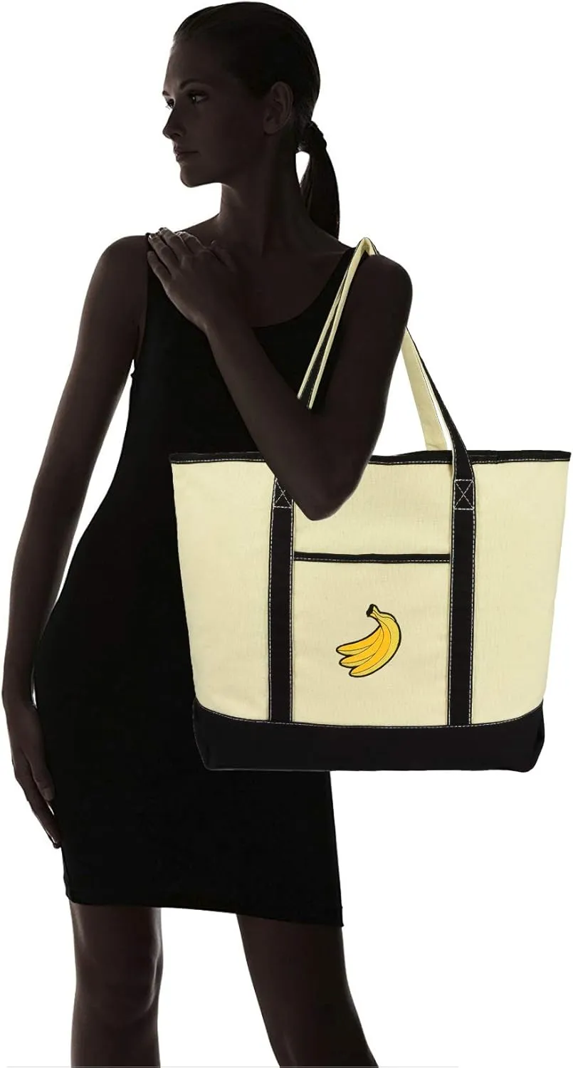 DALIX Banana Tote Bag Reusable Grocery Natural Canvas Fruits in Black