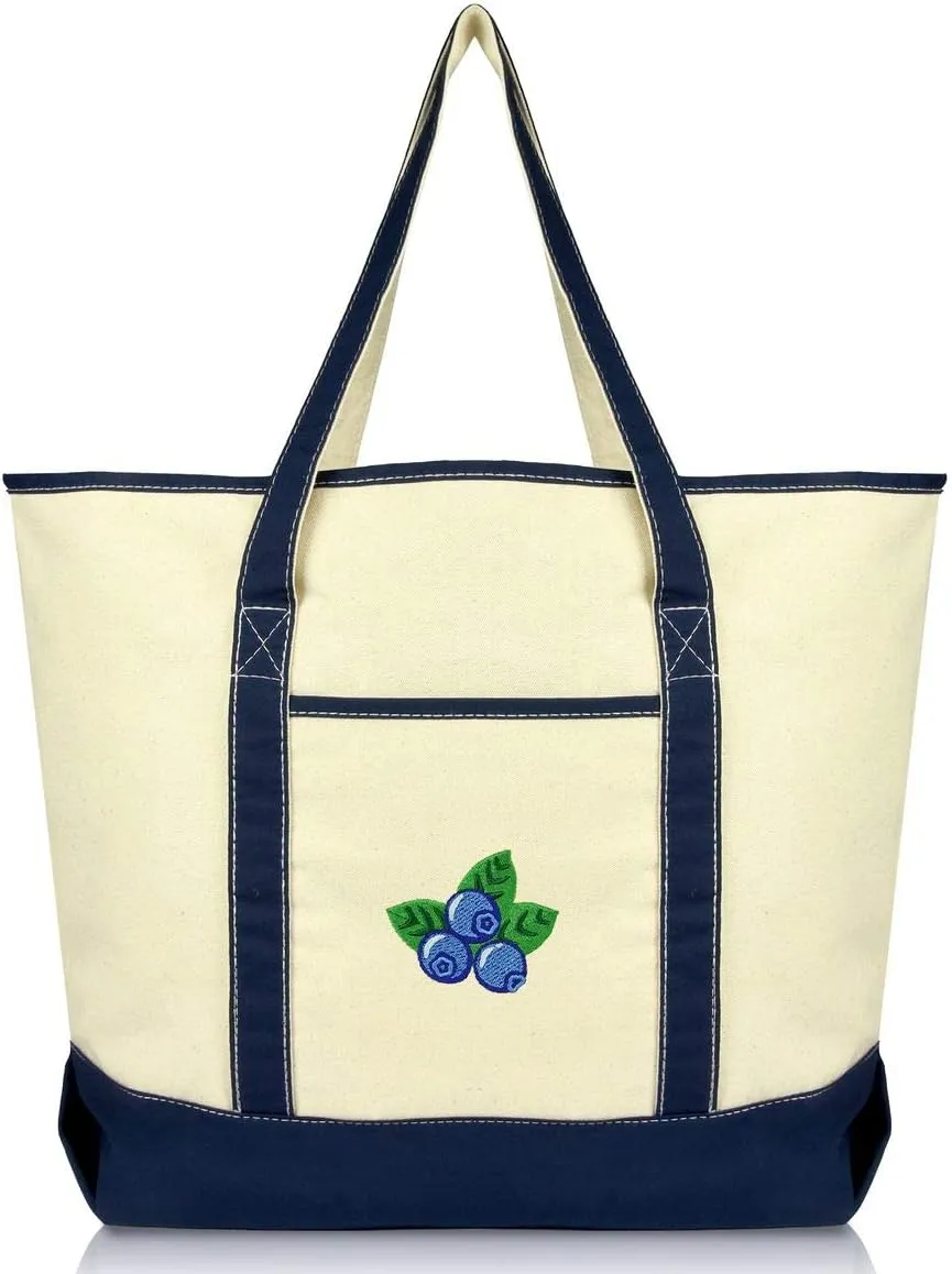 DALIX Blueberry Tote Bag Reusable Grocery Natural Canvas Fruits in Navy Blue