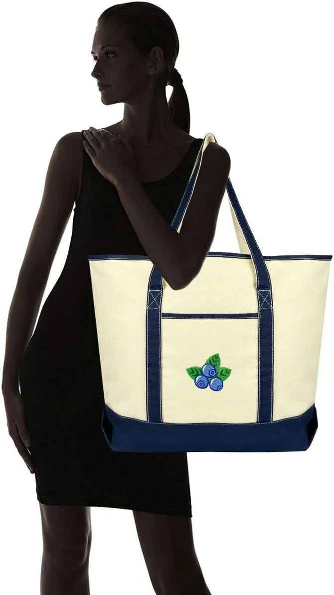 DALIX Blueberry Tote Bag Reusable Grocery Natural Canvas Fruits in Navy Blue
