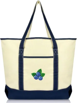 DALIX Blueberry Tote Bag Reusable Grocery Natural Canvas Fruits in Navy Blue