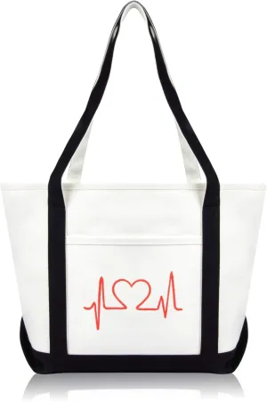DALIX Heartbeat Embroidered Premium Cotton Canvas RN Nurse Tote Bag in Black