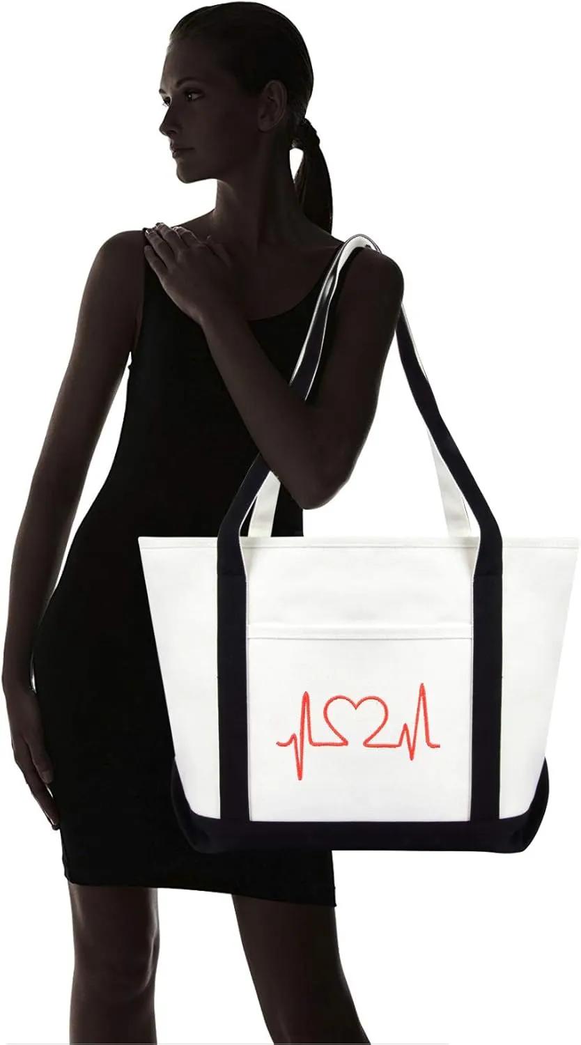 DALIX Heartbeat Embroidered Premium Cotton Canvas RN Nurse Tote Bag in Black