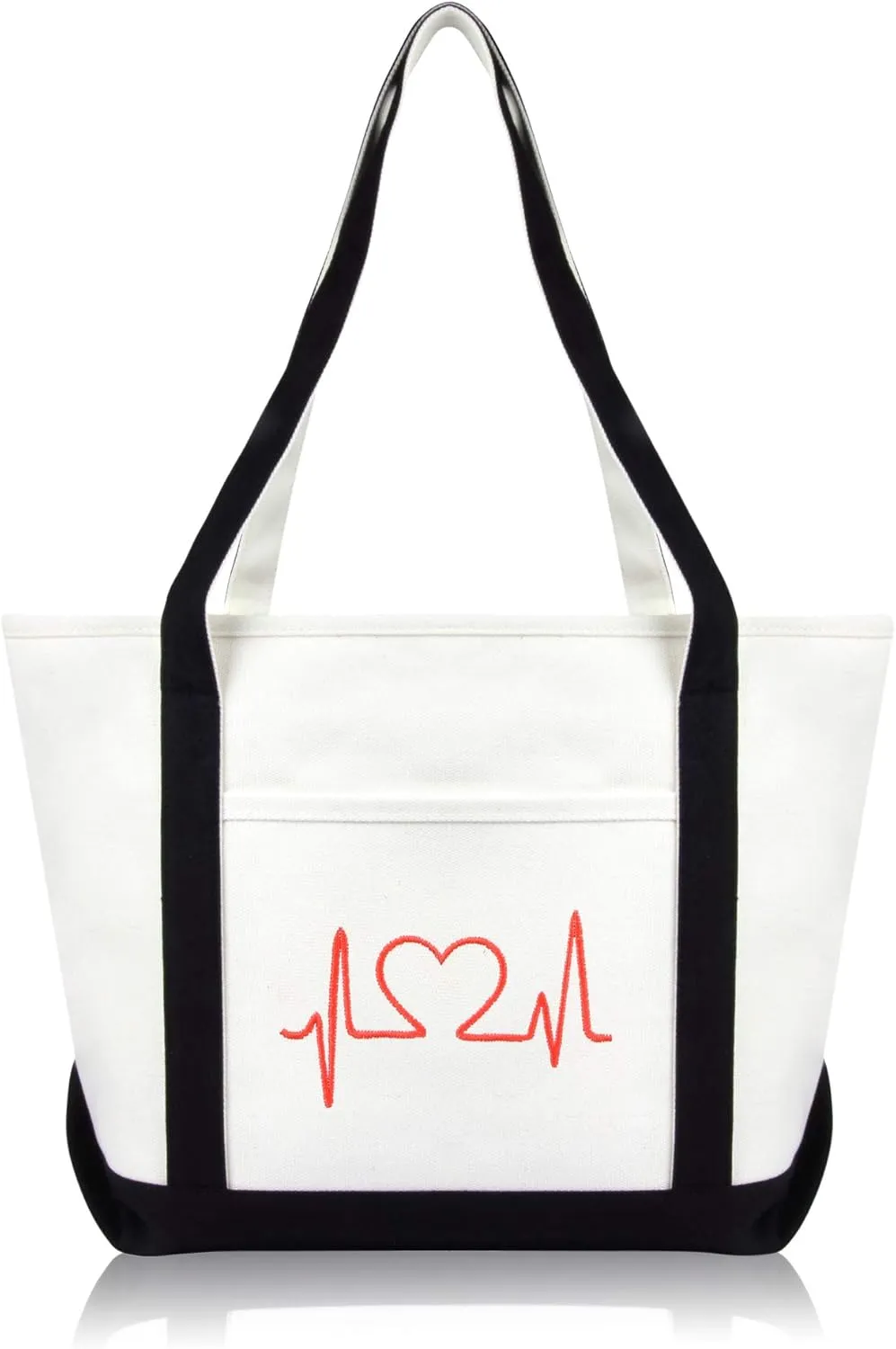 DALIX Heartbeat Embroidered Premium Cotton Canvas RN Nurse Tote Bag in Black