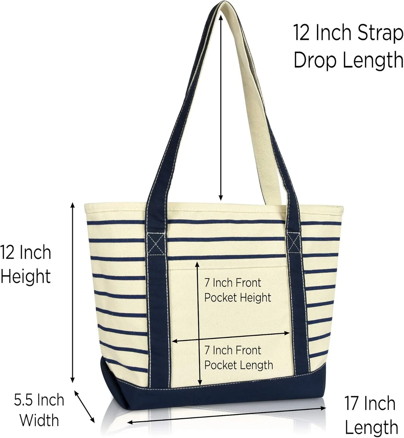 DALIX Small Stripe Tote Deluxe Shoulder Bag Cotton Canvas in Navy Blue