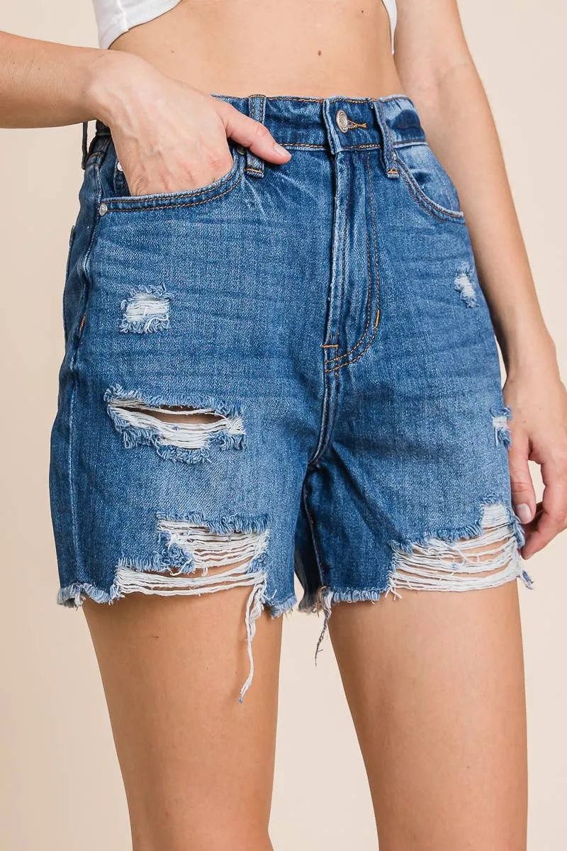 Dark Wash - High Rise Distressed Denim Shorts