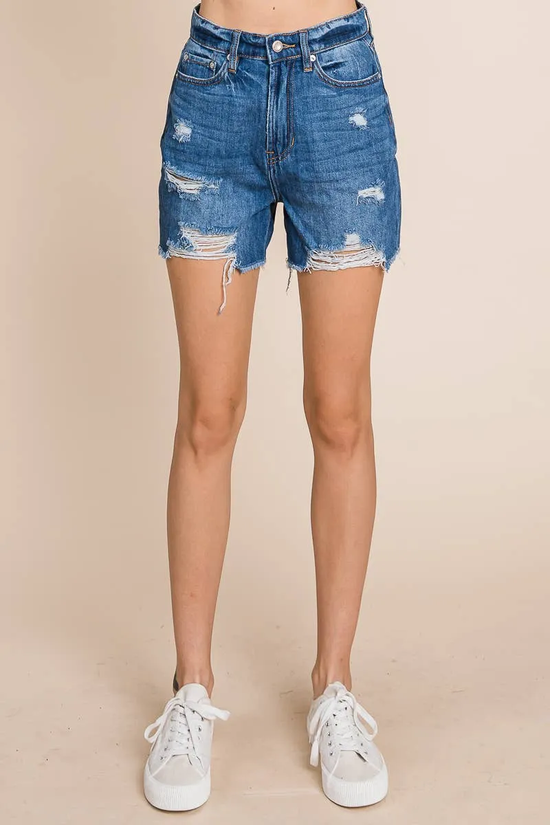 Dark Wash - High Rise Distressed Denim Shorts