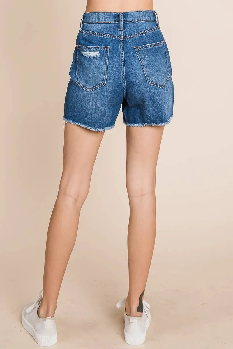 Dark Wash - High Rise Distressed Denim Shorts