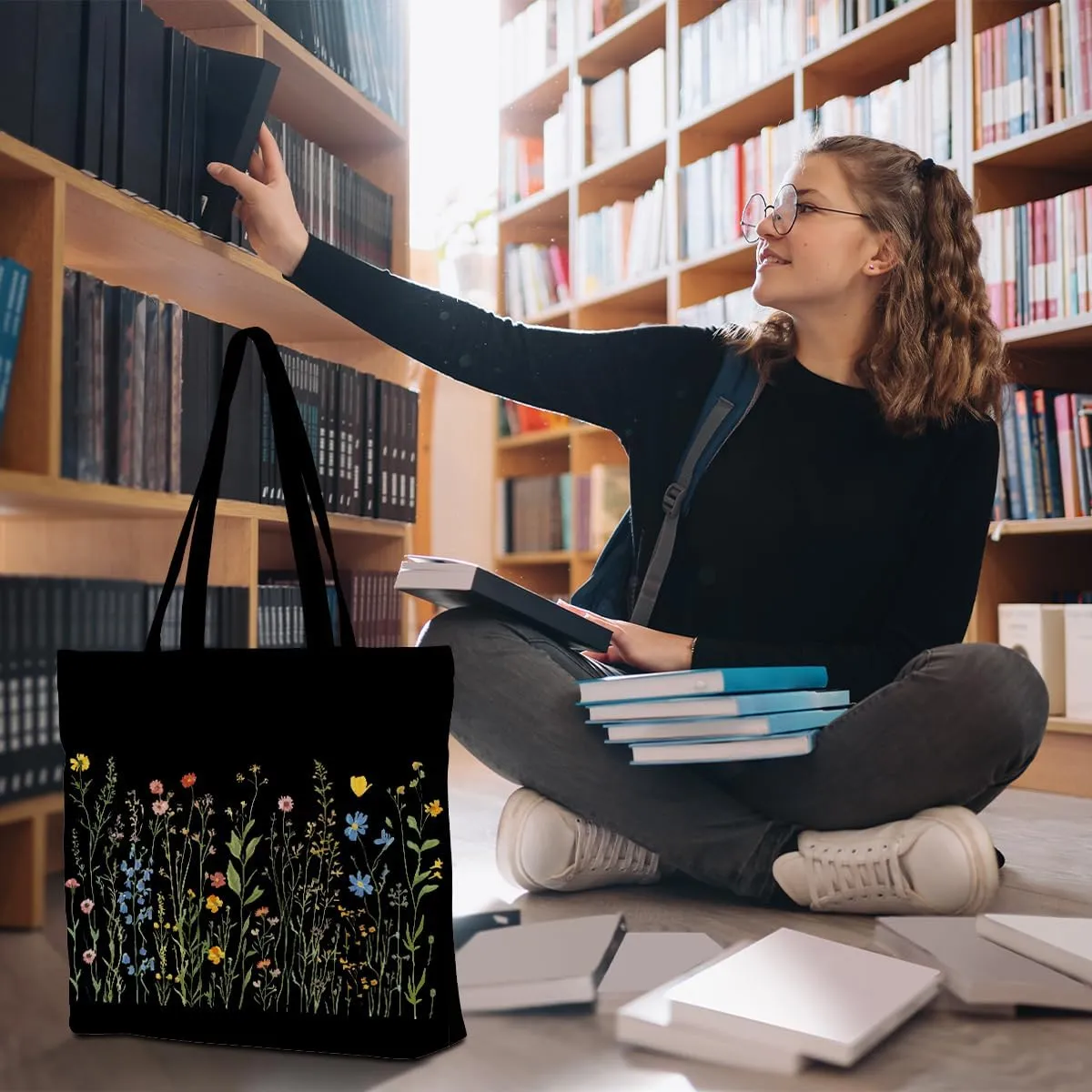 Decohim Floral Butterfly Canvas Tote Bag Boho Canvas Bag with Pocket for Work Office Women Girl Christmas Birthday Gifts