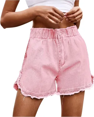 Denim Shorts for Women Mid Rise Frayed Ripped Jean Shorts Stretchy Folded Hem Hot Short Jeans Summer Dressy Casual