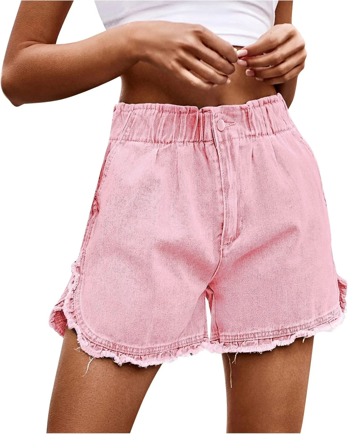 Denim Shorts for Women Mid Rise Frayed Ripped Jean Shorts Stretchy Folded Hem Hot Short Jeans Summer Dressy Casual