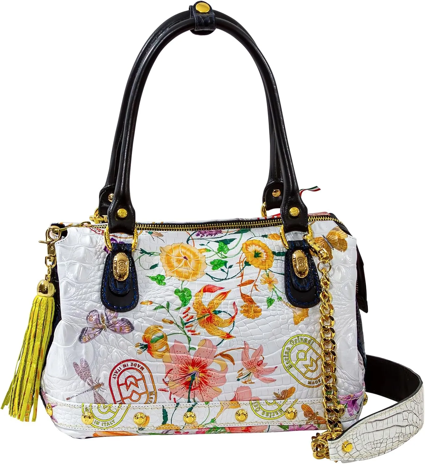 Designer Doctor Bag Purse Floral Croc Embossed Alabaster Leather Crossbody Tote Italian Handbag