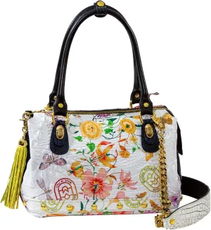 Designer Doctor Bag Purse Floral Croc Embossed Alabaster Leather Crossbody Tote Italian Handbag