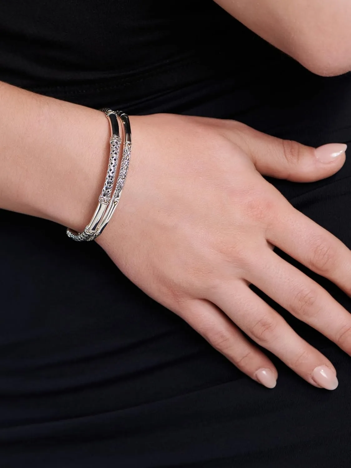 DEVATA Sterling Silver 925 with 18K Gold Accents Bali Slide-on Bangle Bracelet