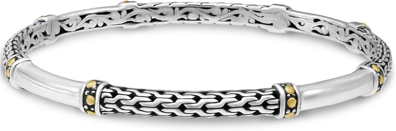 DEVATA Sterling Silver 925 with 18K Gold Accents Bali Slide-on Bangle Bracelet