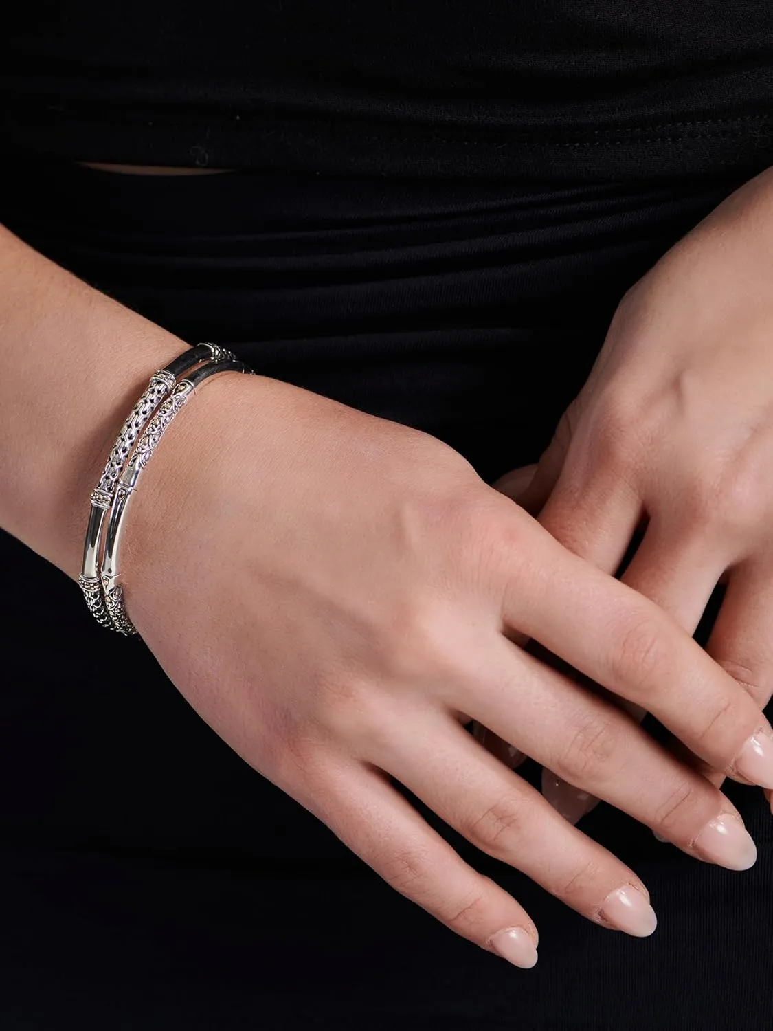 DEVATA Sterling Silver 925 with 18K Gold Accents Bali Slide-on Bangle Bracelet