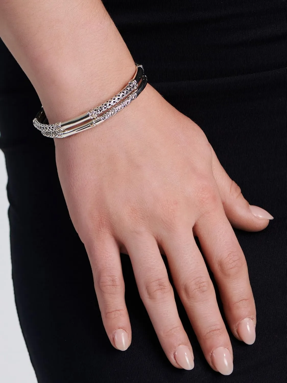 DEVATA Sterling Silver 925 with 18K Gold Accents Bali Slide-on Bangle Bracelet