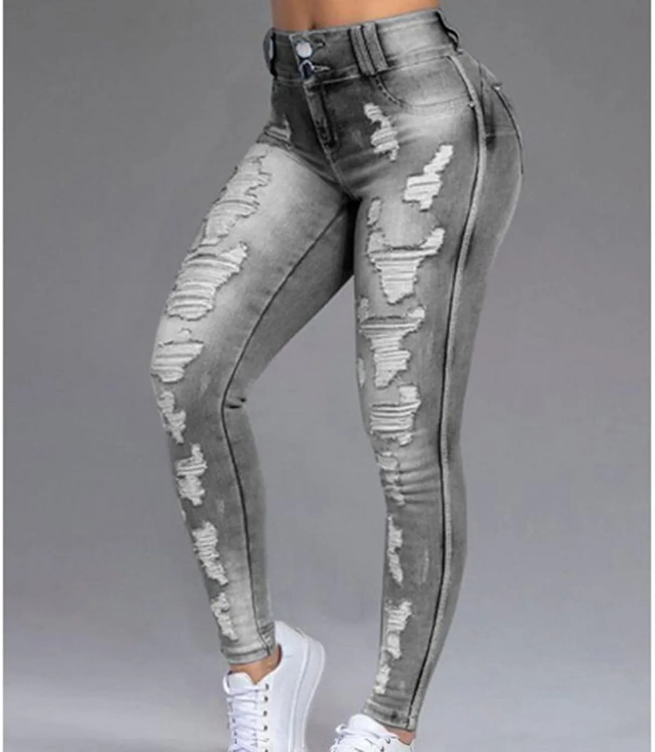 DGHM-JLMY Women's Scratch Ripped Skinny Jeans Distressed Butt Lifting Curvy Denim Pants Stretch Tight Destroyed Jeans