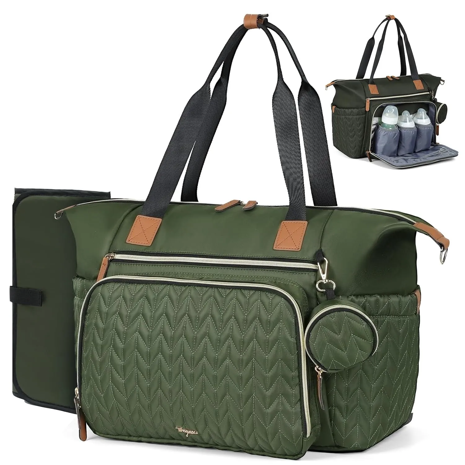 Diaper Bag Tote, Large Baby Diaper Bags Waterproof, Hospital Bag for Labor Delivery with Pacifier Case, Changing Pad, Shoulder Strap, Dark Green