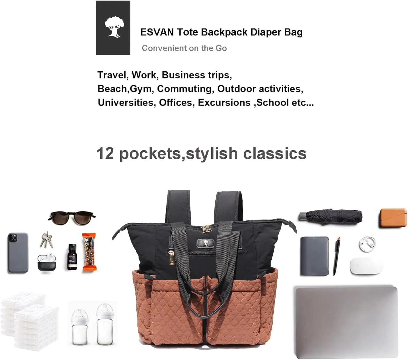 Diaper Tote Bag Totepack Backpack 2 in 1 for Women Multifunctional Large Capacity with Insulated Pockets Travel