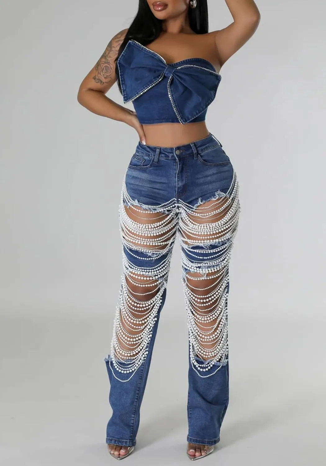 DINGANG Women's Cut Out Straight Leg Ripped Jeans with Rhinestones Pearl Bling Distressed Stretchy Denim Pants