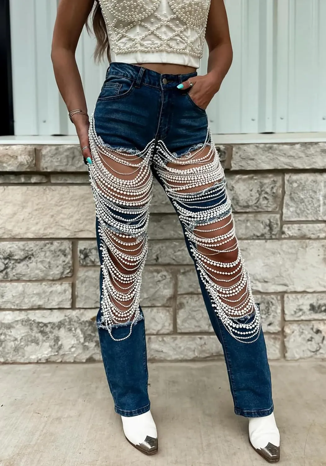 DINGANG Women's Cut Out Straight Leg Ripped Jeans with Rhinestones Pearl Bling Distressed Stretchy Denim Pants