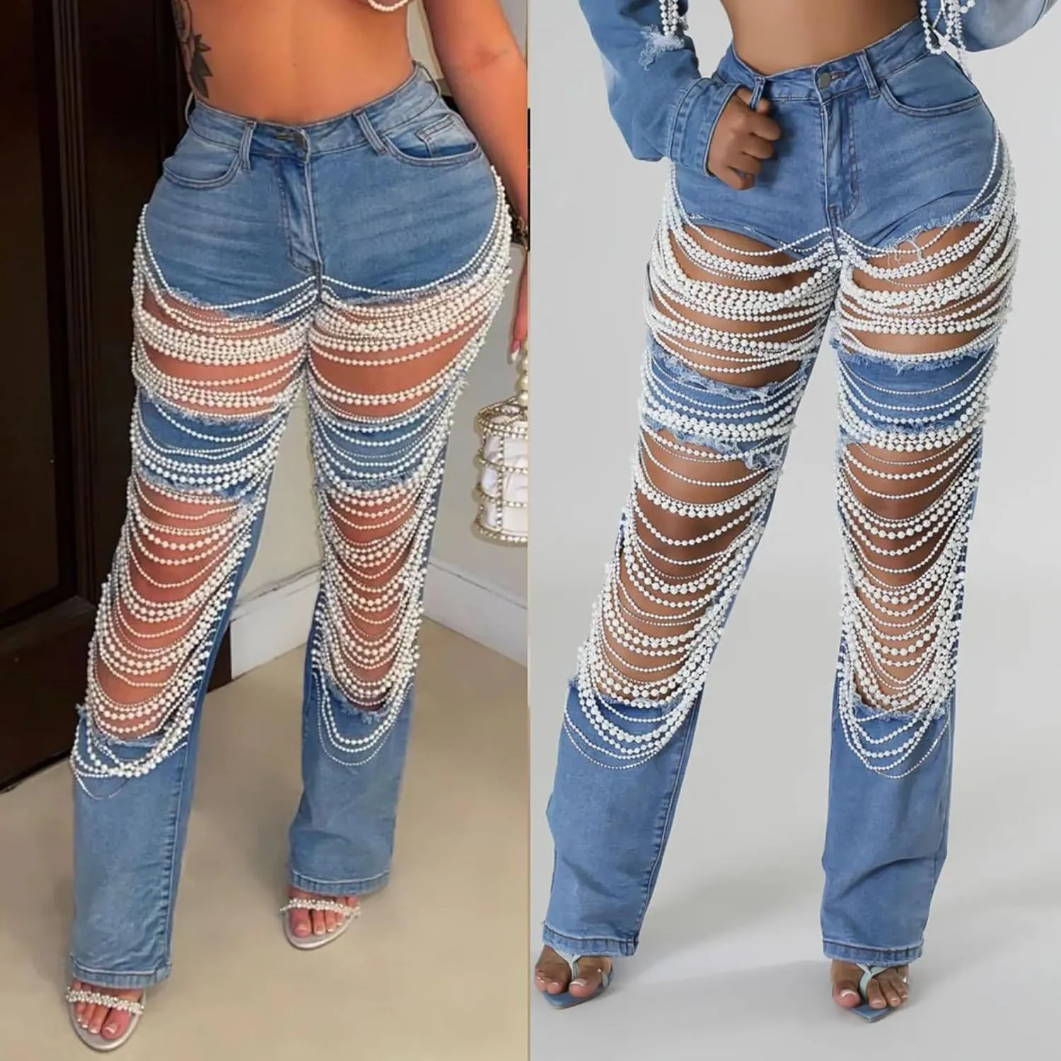 DINGANG Women's Cut Out Straight Leg Ripped Jeans with Rhinestones Pearl Bling Distressed Stretchy Denim Pants