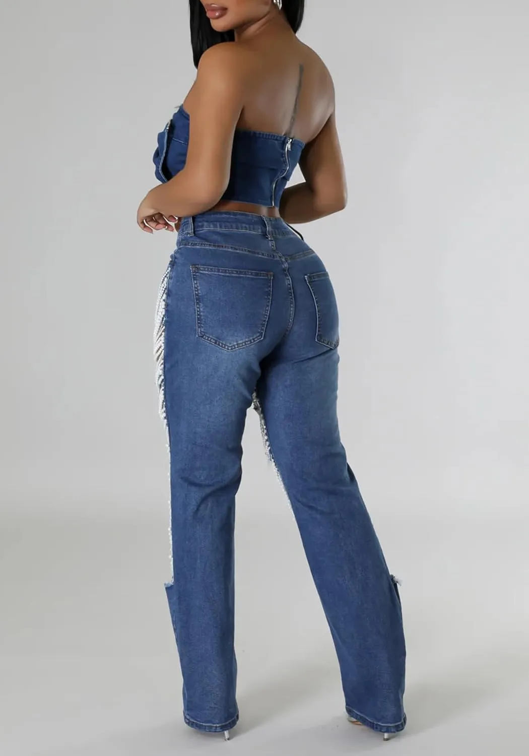 DINGANG Women's Cut Out Straight Leg Ripped Jeans with Rhinestones Pearl Bling Distressed Stretchy Denim Pants