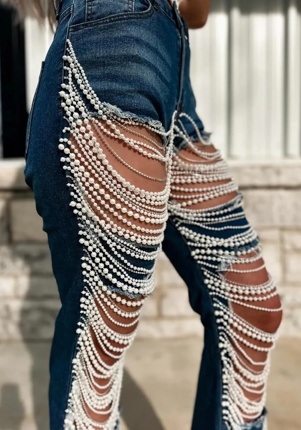 DINGANG Women's Cut Out Straight Leg Ripped Jeans with Rhinestones Pearl Bling Distressed Stretchy Denim Pants